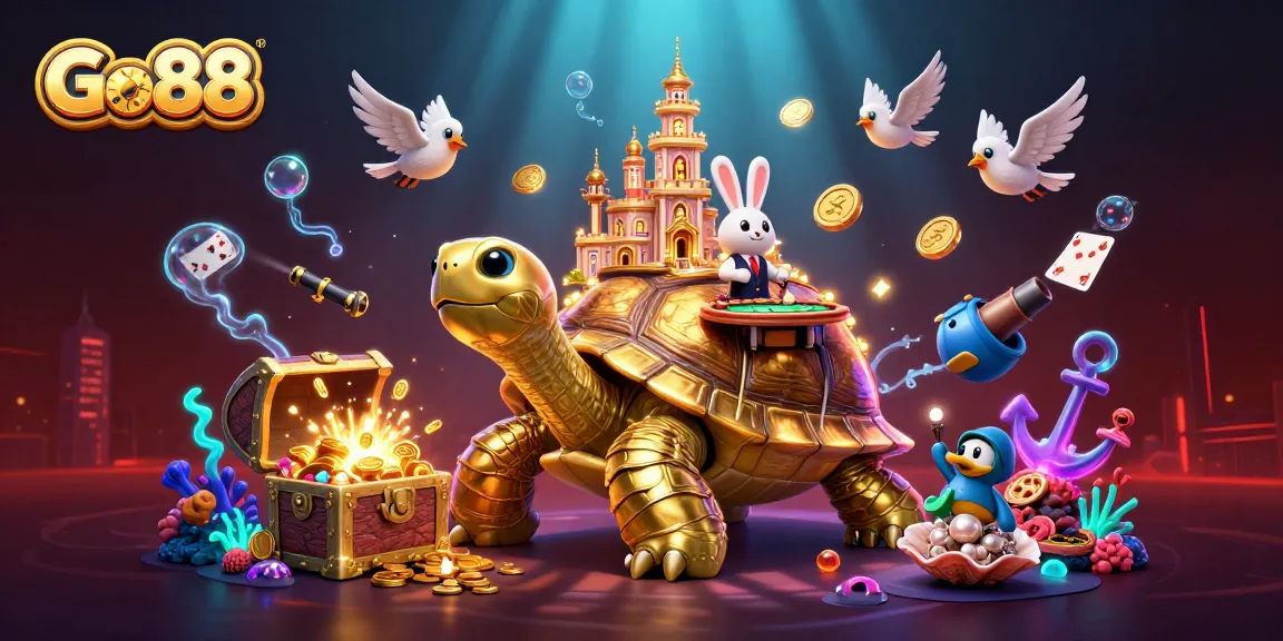 Experience thrilling gameplay at Go88 with a vibrant 3D illustration featuring a golden tortoise casino and flying coins.
