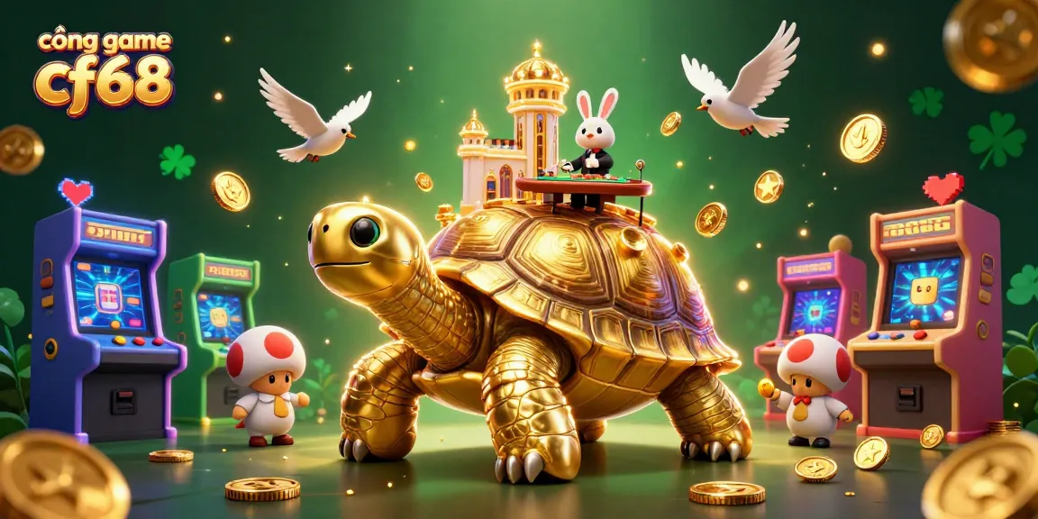 Engage with cổng game cf68 featuring a whimsical golden tortoise casino illustration packed with playful elements.