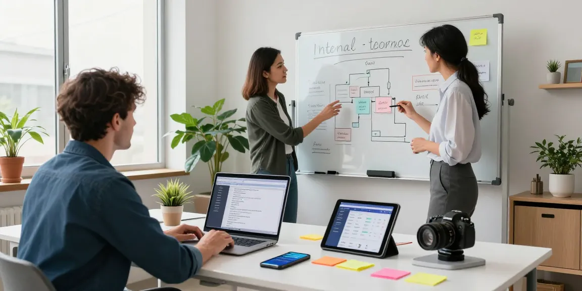 Developers collaborating to build internal tools with AI in a modern workspace.
