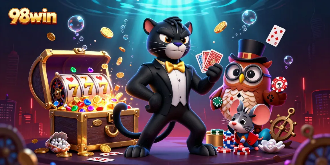 Engage with 98win's vibrant casino scene as the stylish panther deals cards amid treasures and playful characters.