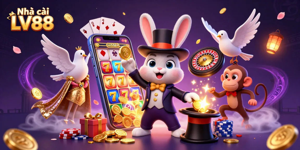 Enjoying thrilling wins at Nhà cái LV88 with a magical scene of rabbits, coins, and poker chips.