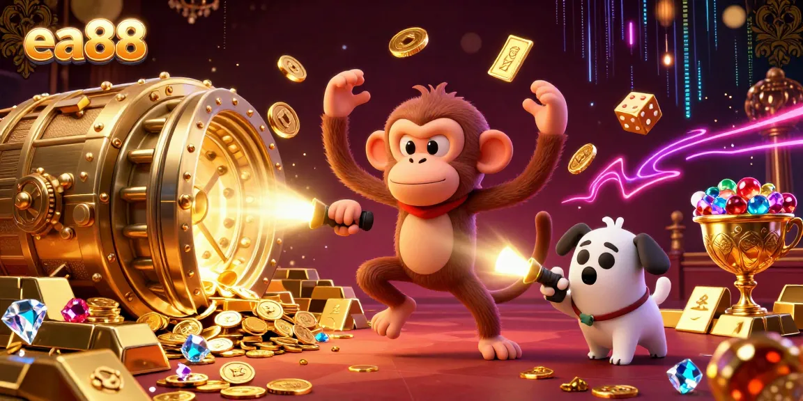 Experience the thrilling world of ea88 as a playful spirit juggles riches in a luxurious casino scene.