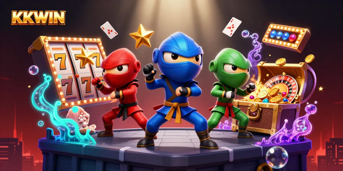 KKWIN team of ninjas showcases high-energy gameplay with slot machines and vibrant casino elements.