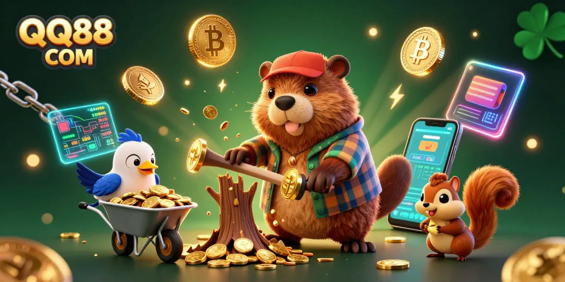 Spin the reels at QQ88 COM with a vibrant animated scene of lucky characters collecting coins.