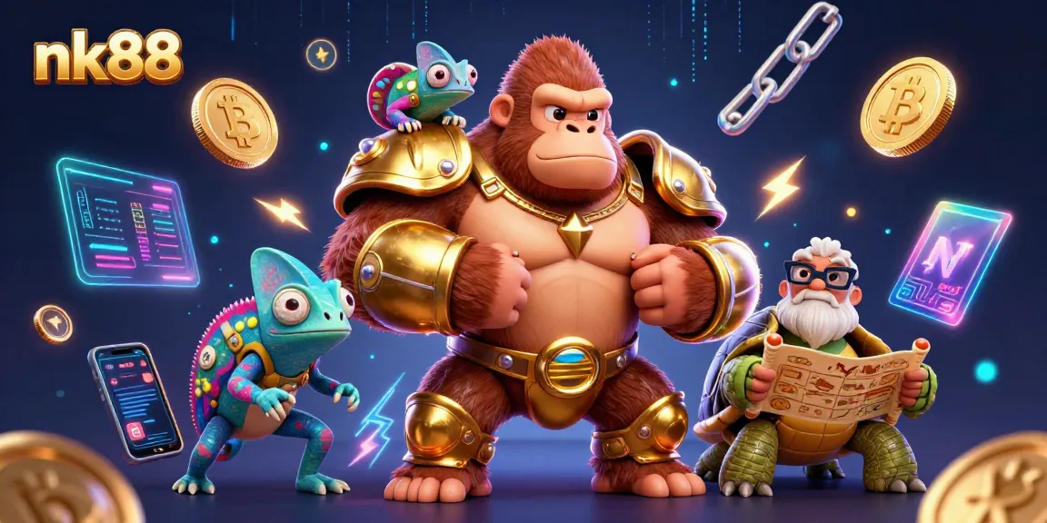 Engage in vibrant nk88 gaming adventures with a gorilla king and crypto-themed elements.