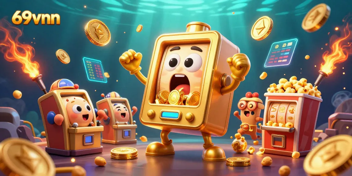 Engage with 69vnn's vibrant jackpot scene with cheering slot machines, rich casino elements, and glowing cryptocurrencies.