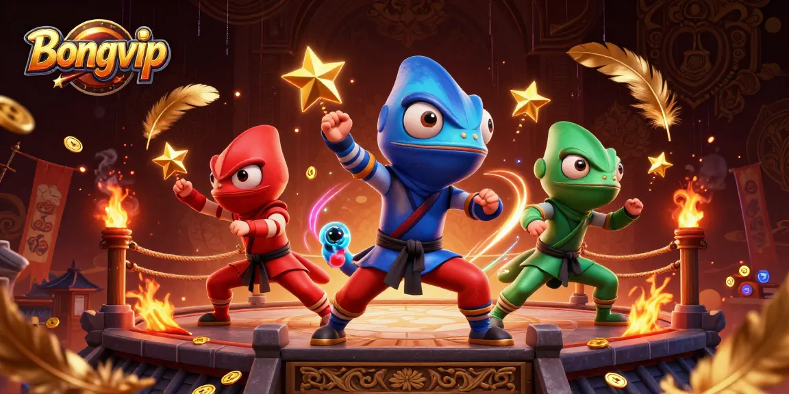 Bongvip players engage in thrilling action with ninja chameleons, gold coins, and vibrant casino elements.
