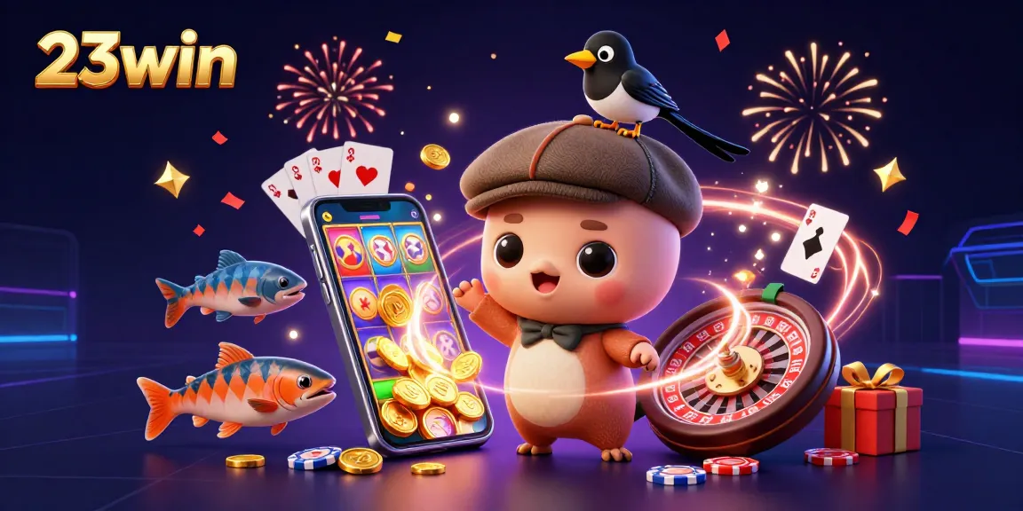 Experience thrilling gaming with 23win's vibrant casino illustration featuring Nessie and friends.