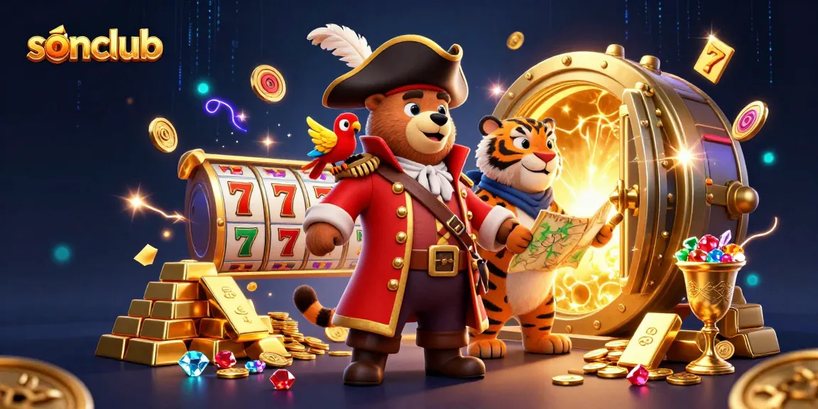 Experience exciting gameplay at sonclub with a vibrant 3D cartoon pirate-themed illustration.