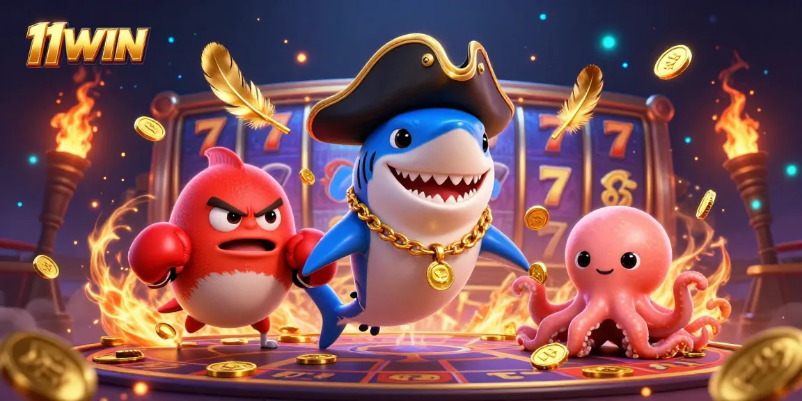 Join the adventure at 11WIN with our cartoon pirate shark and friends in this dynamic gambling scene.