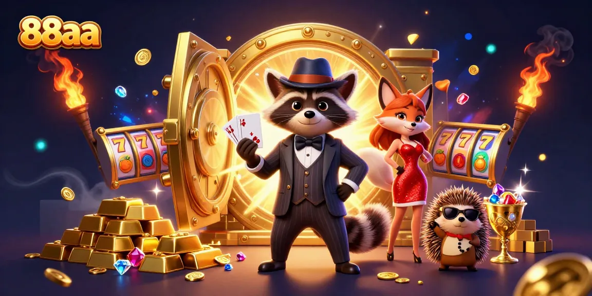 Engaging scene showcasing 88aa with a suave raccoon, fox lady, and hedgehog bouncer among slot reels and treasures.