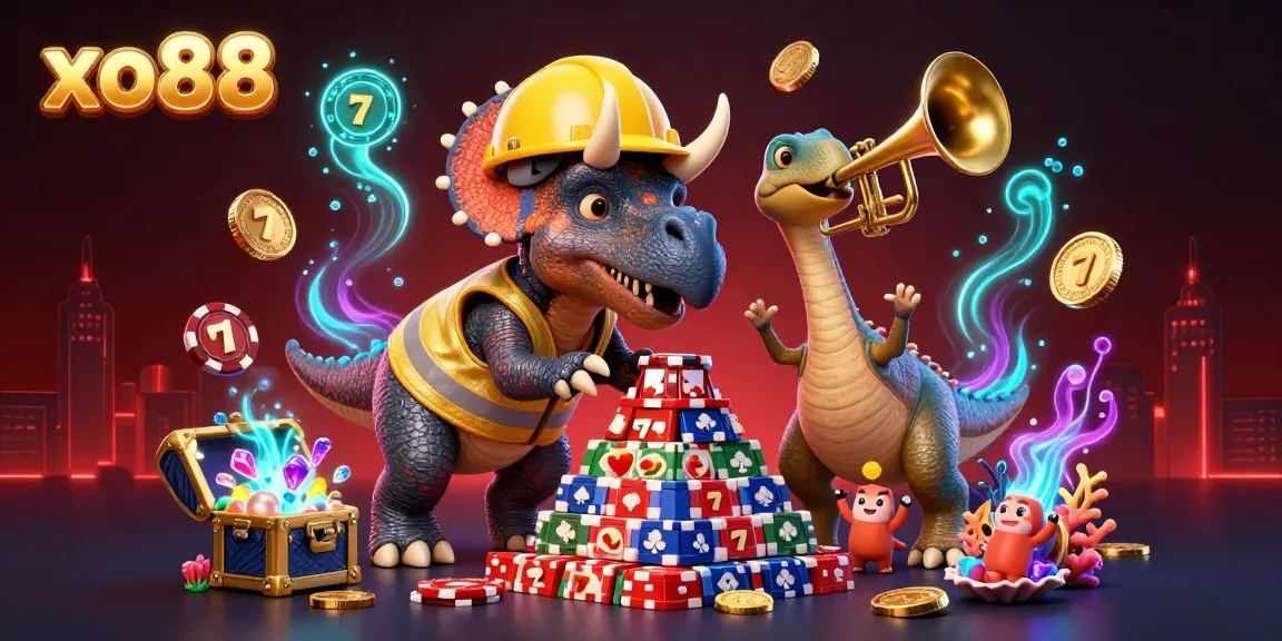Experience thrilling gameplay with xo88 as a 3D triceratops builds poker chip pyramids among vibrant casino elements.