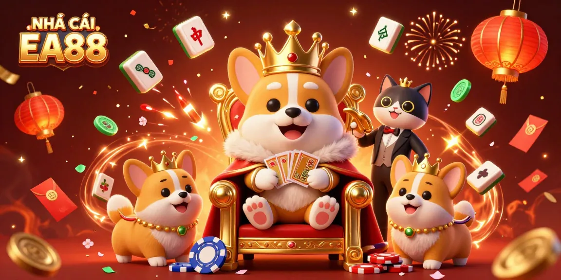 Experience NHÀ CÁI EA88 with vibrant 3D illustration showcasing royal corgi at the casino throne.