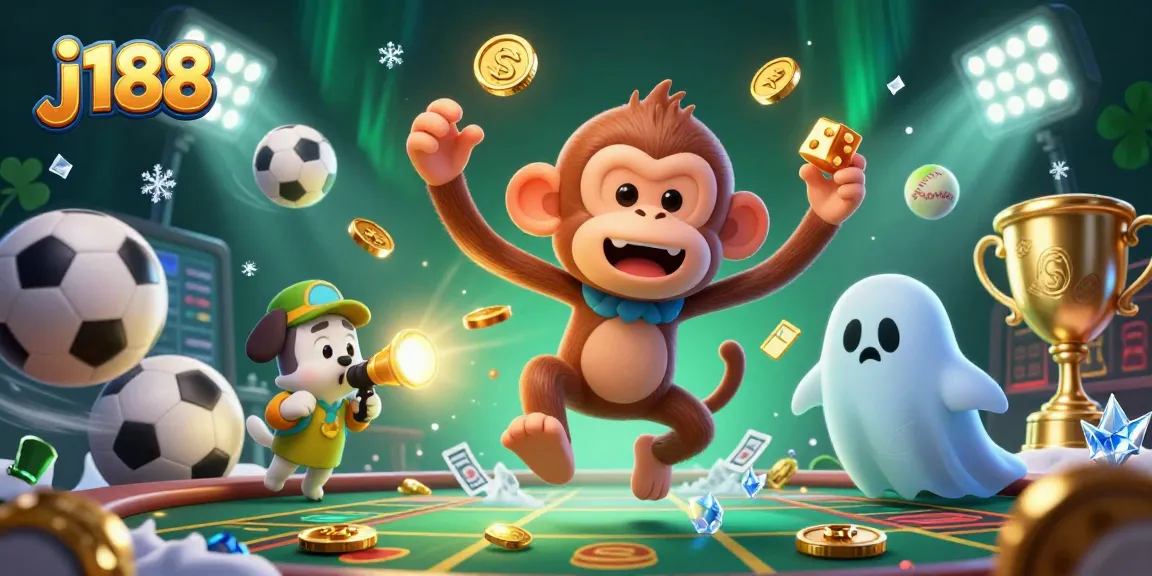 Experience the excitement at j188 with a mischievous monkey and a puppy in a captivating casino scene.