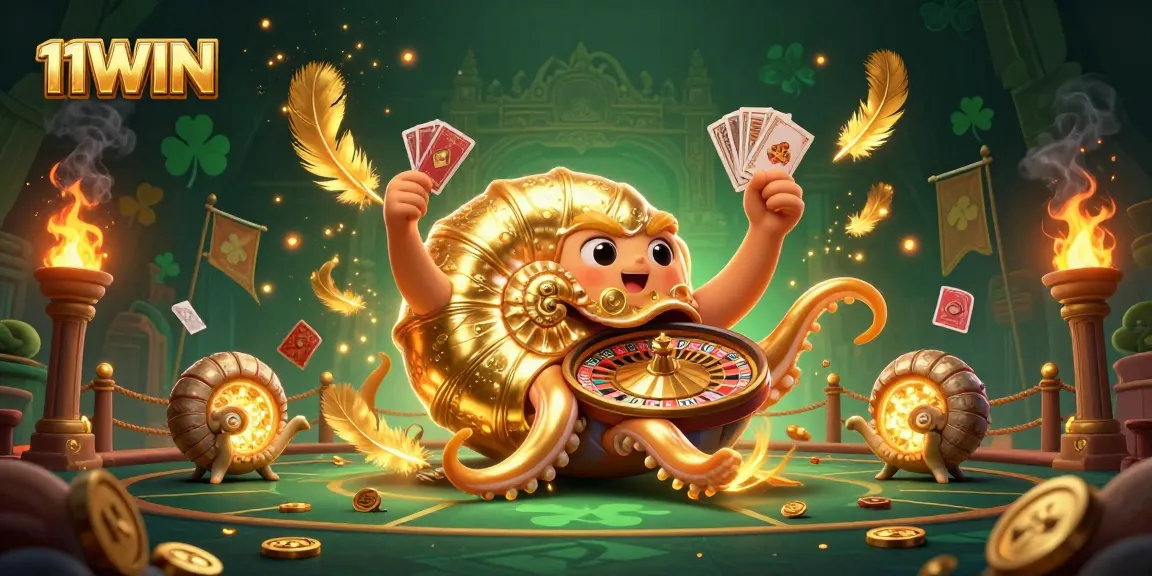 Experience high-stakes fun with 11WIN in this vibrant 3D casino scene filled with dynamic elements.