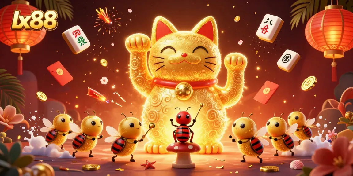 Experience the thrill of lx88 with a lucky cat and dynamic casino symbols in this vibrant illustration.