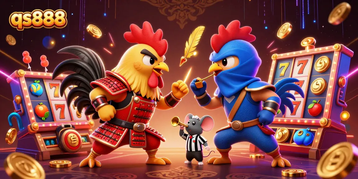 Experience thrilling dual roosters battling for wins in the qs888 slot world, surrounded by vibrant game elements.