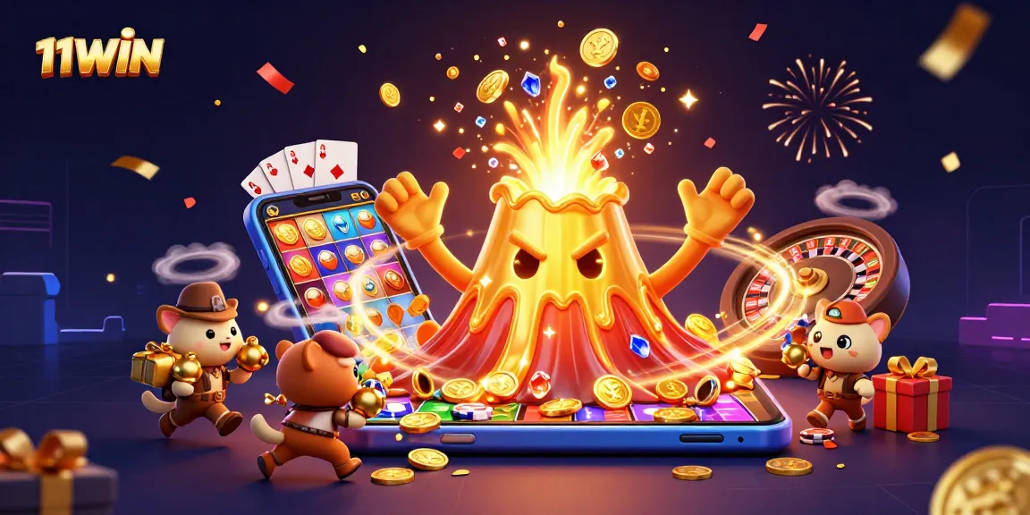 Win big with 11WIN as a golden volcano erupts coins and gems in a vibrant casino scene.