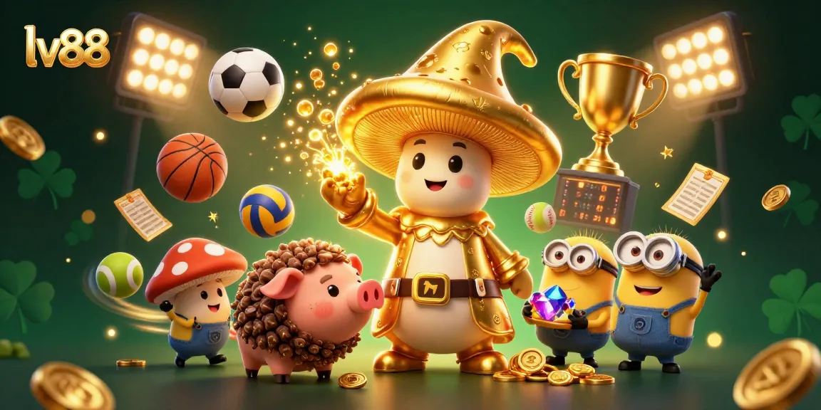 lv88 players engage with a lively casino scene filled with magic, treasure, and sports elements.