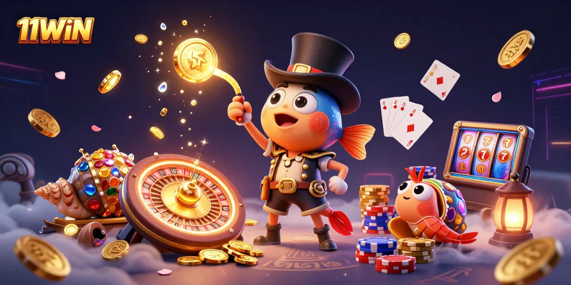Experience the excitement of 11WIN with vibrant underwater characters and casino symbols.