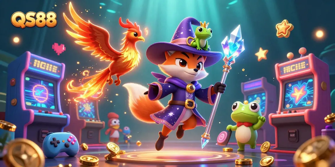 Experience the excitement at QS88 with a playful mystical fox and phoenix in a lively casino