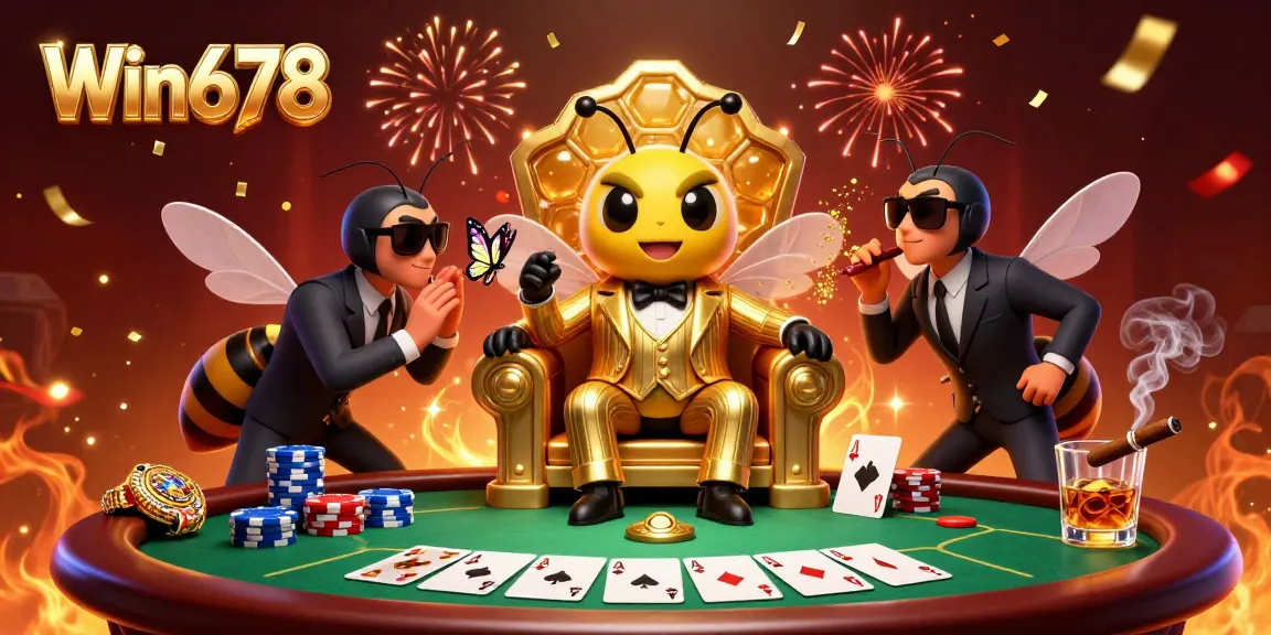 Win678 boasts an exciting 3D scene with a bumblebee mob boss and poker elements celebrating casino gaming.