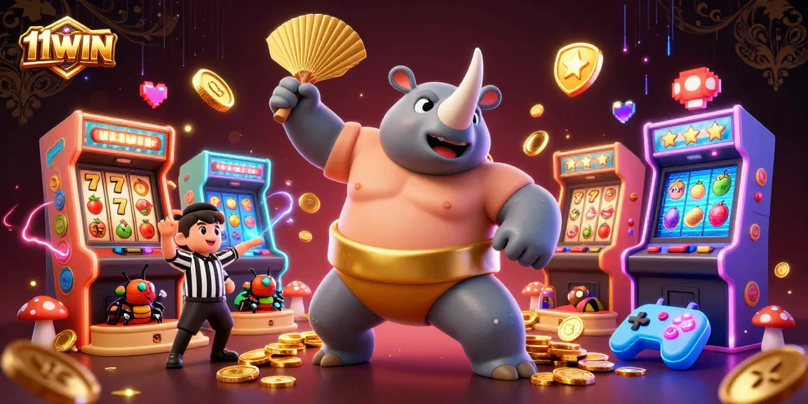 Experience thrilling 11WIN gameplay with a vibrant illustration of a sumo champion beetle and arcade elements.