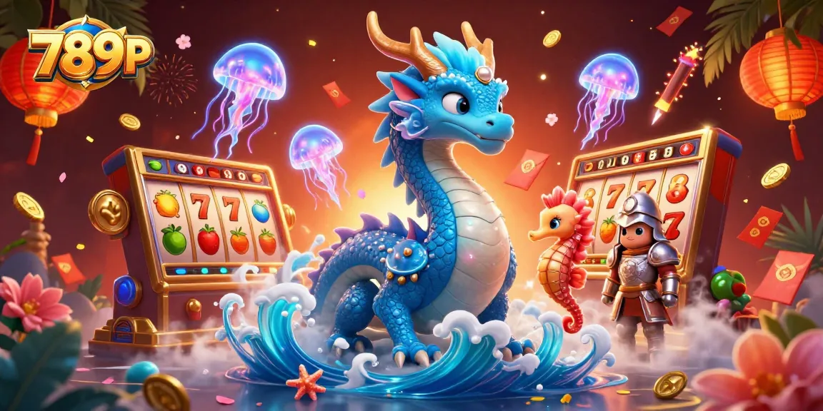 Experience the excitement of 789P with vibrant slot reels and mesmerizing characters in a dynamic casino scene.