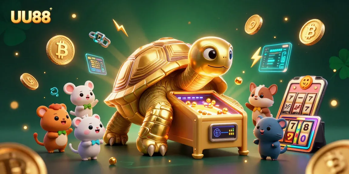 Engage in thrilling gameplay at UU88 with a vibrant 3D scene showcasing a golden tortoise pinball machine surrounded by coins and slot symbols.