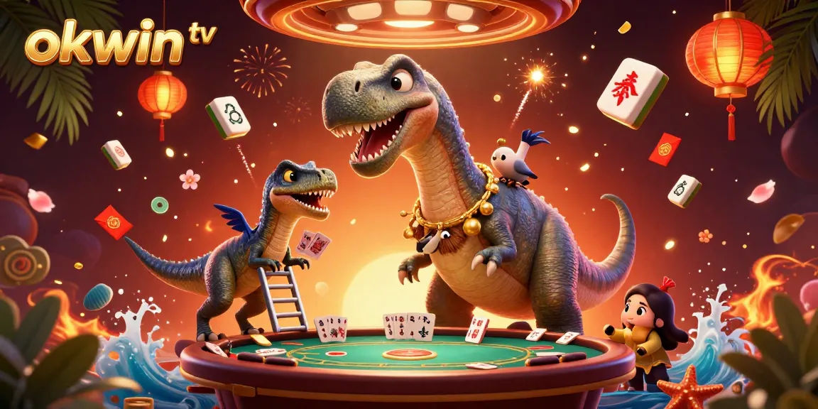 Experience the excitement of okwin tv with a vibrant casino scene featuring animated dinosaurs and festive decorations.