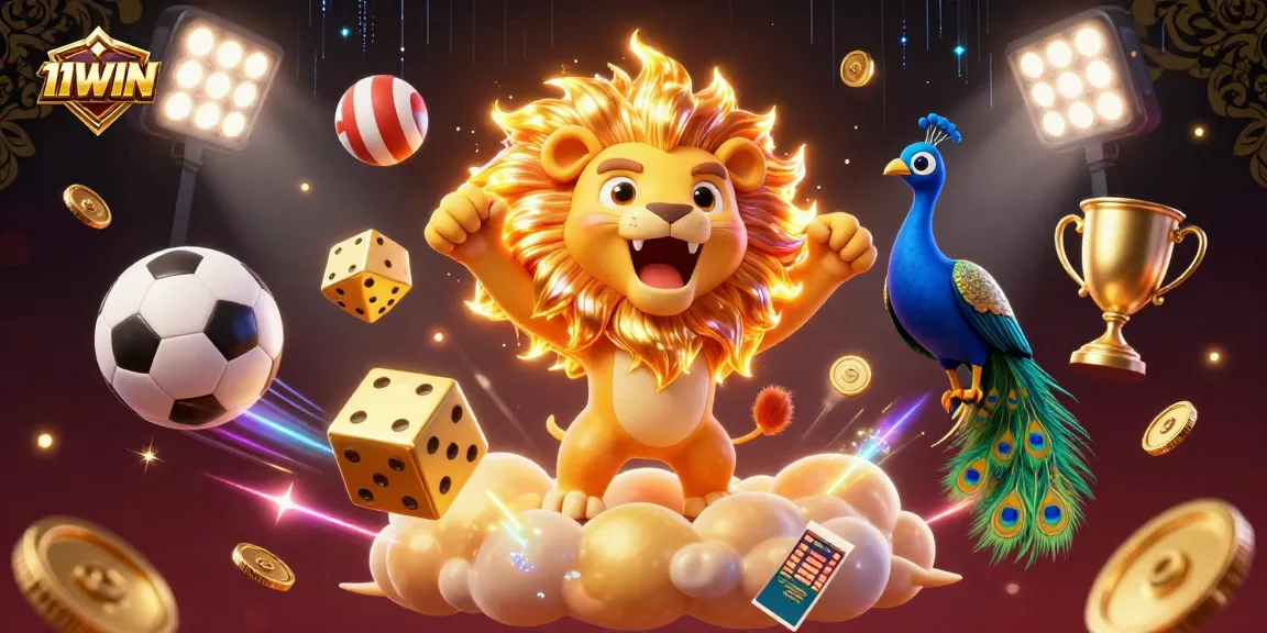 Engage with the thrilling world of 11WIN sports betting, showcasing a vibrant 3D illustration of a sun lion and dynamic game elements.