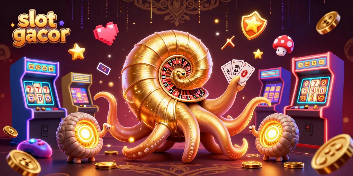 Spin the slot gacor with a vibrant 3D casino scene featuring a golden nautilus roulette and arcade elements.