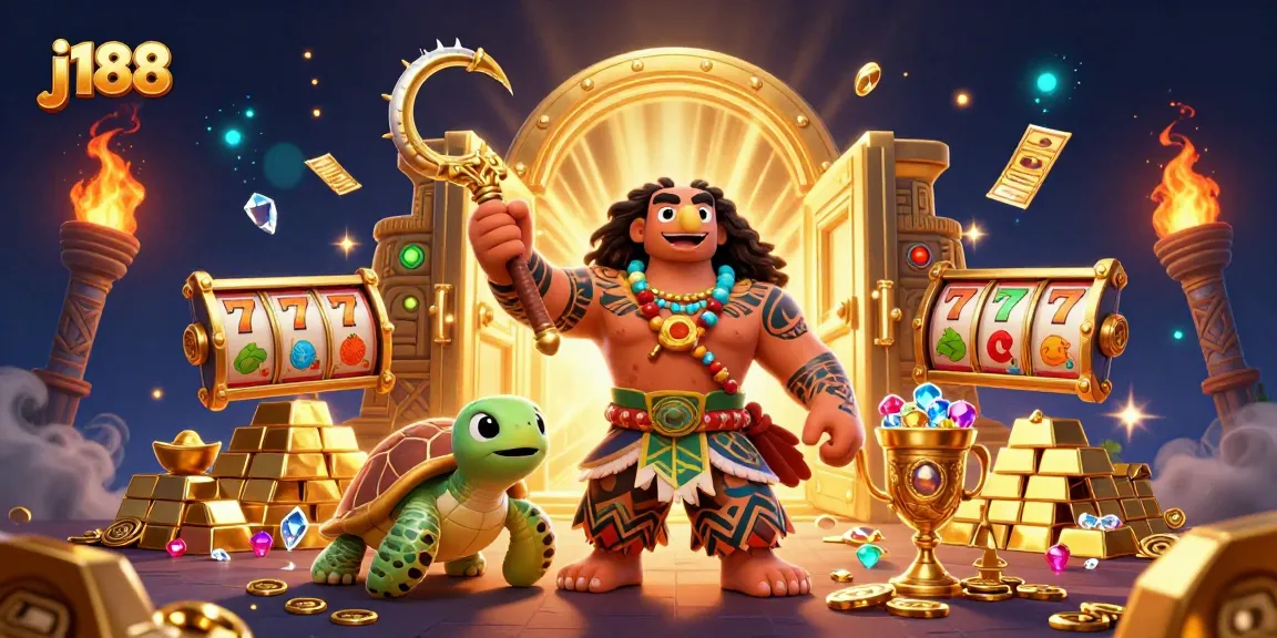 Experience the thrilling world of j188 with vibrant 3D characters amidst treasures and slot elements.