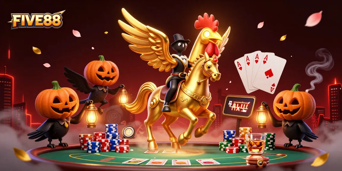 Experience the thrilling action of FIVE88 in a vibrant casino scene with dynamic characters and poker elements.