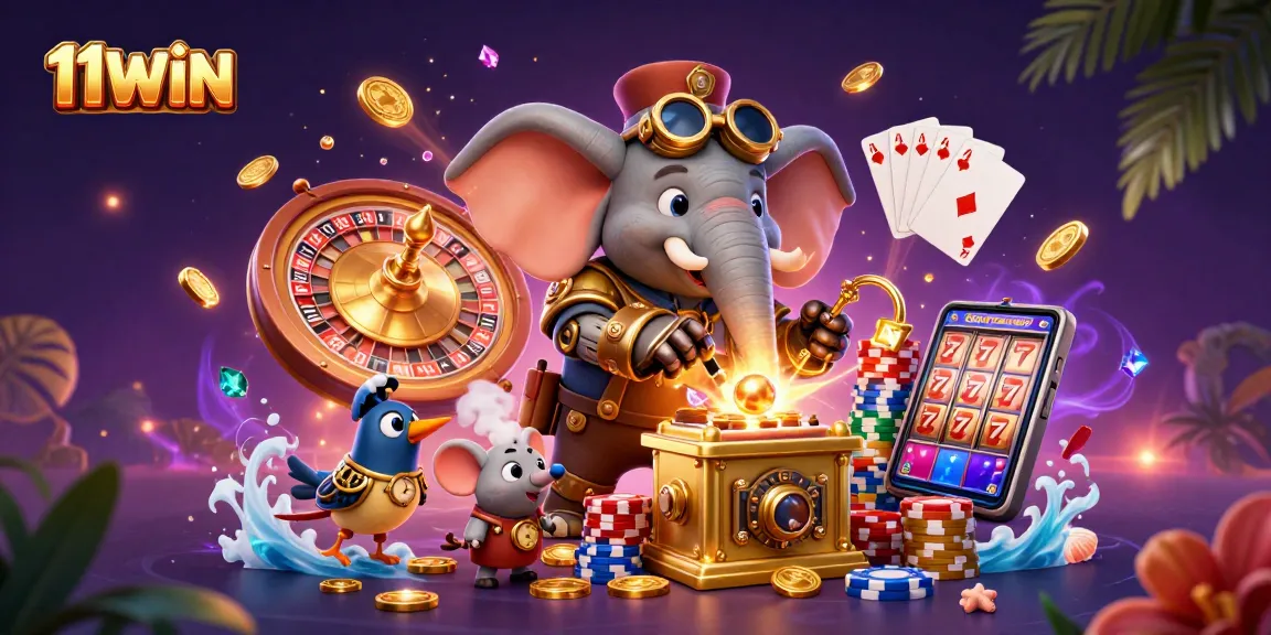 Spin to win with 11WIN at vibrant casino illustration featuring a steampunk elephant!