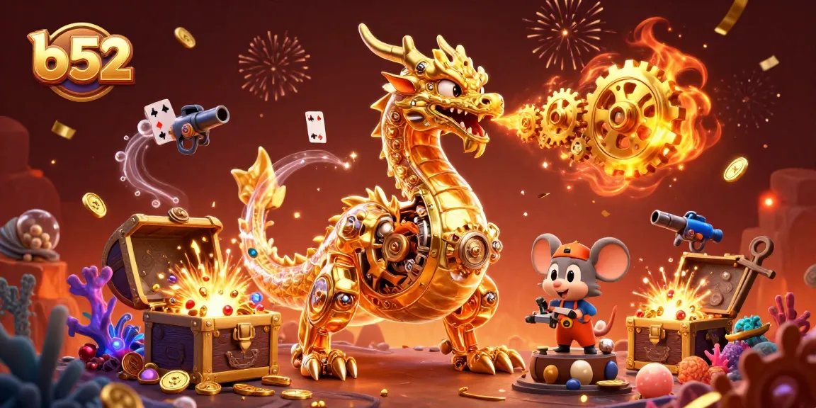 Experience thrilling casino gameplay at b52 with a dazzling dragon and treasure-laden scene gleaming with gold.