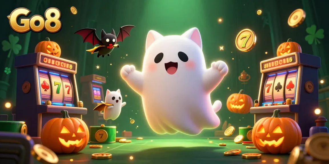 Go8's ghost cat and vampire bat charm players in a festive haunted casino setting.