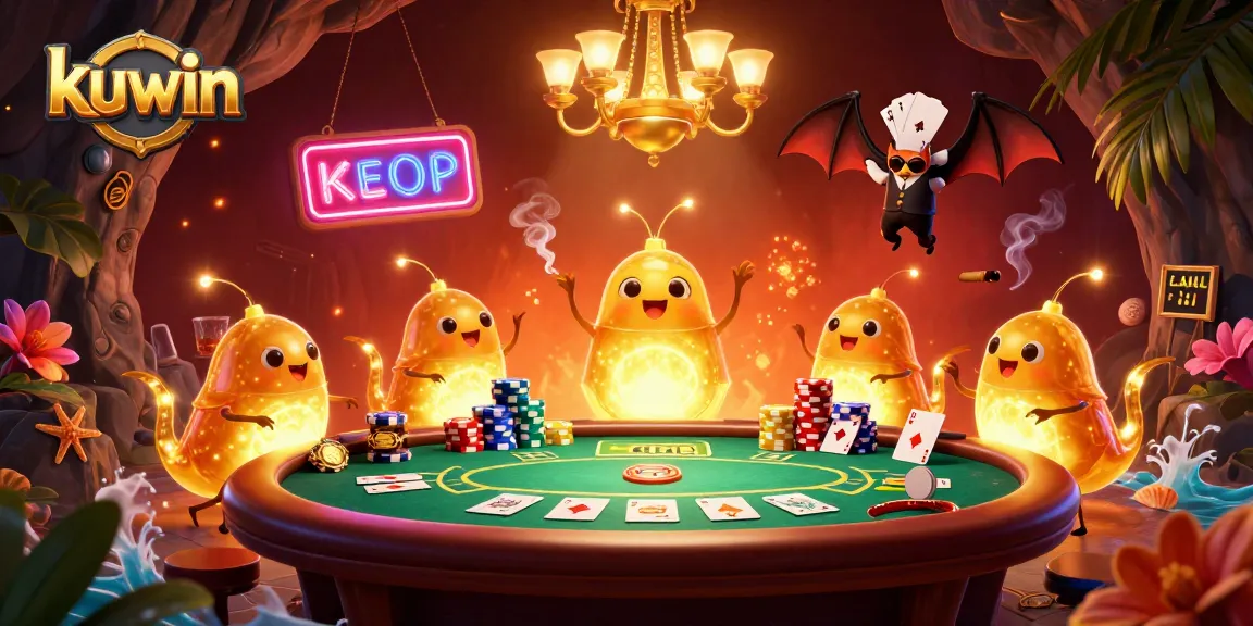 Kuwin's glowworm casino revelers light the poker table scene, showcasing vibrant betting action.