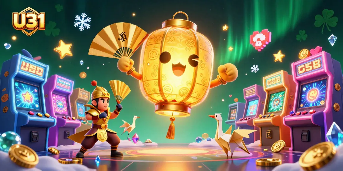 Play thrilling games at U31 with vibrant casino symbols and characters in a festive scene.