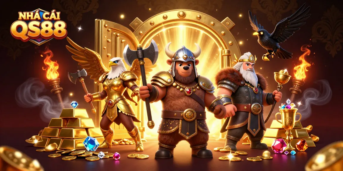 Engage in thrilling gameplay at NHÀ CÁI QS88 with Viking characters and treasure in a vibrant casino scene.