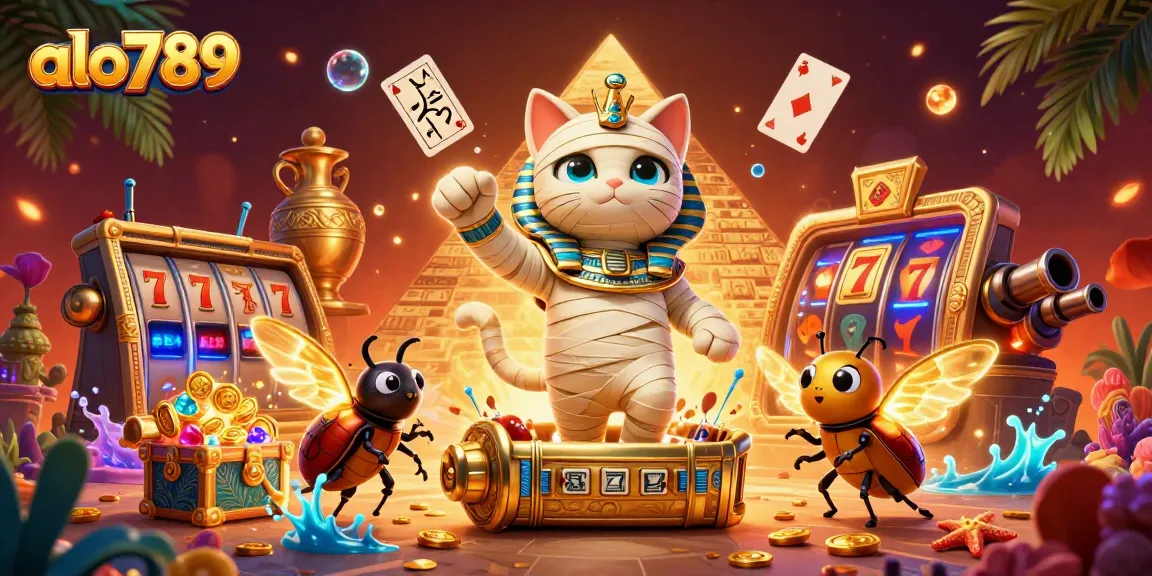 Experience thrilling casino action at alo789 with an Egyptian mummy cat bursting from a sarcophagus.