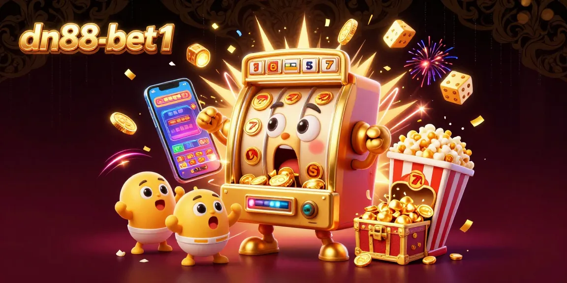 Win big at dn88-bet1 with a 3D cartoon slot machine hitting a jackpot amidst flying coins and excitement.
