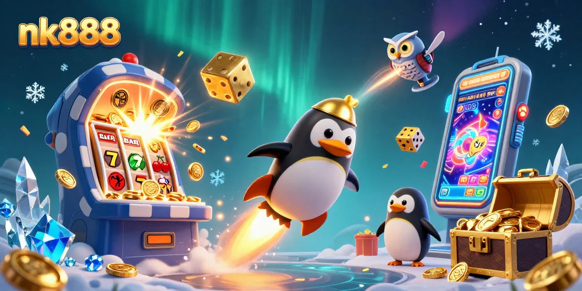 Experience thrilling jackpots with nk888's vibrant golden penguin in a cinematic casino scene.