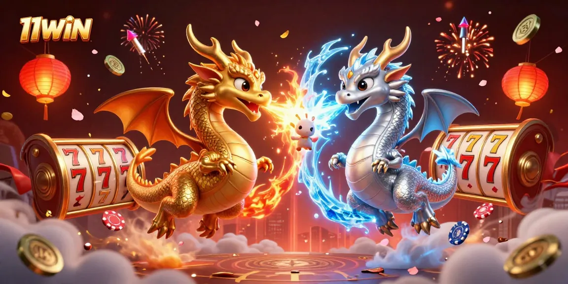 Experience thrilling gameplay with 11WIN, showcasing twin dragons amidst captivating slot reels.