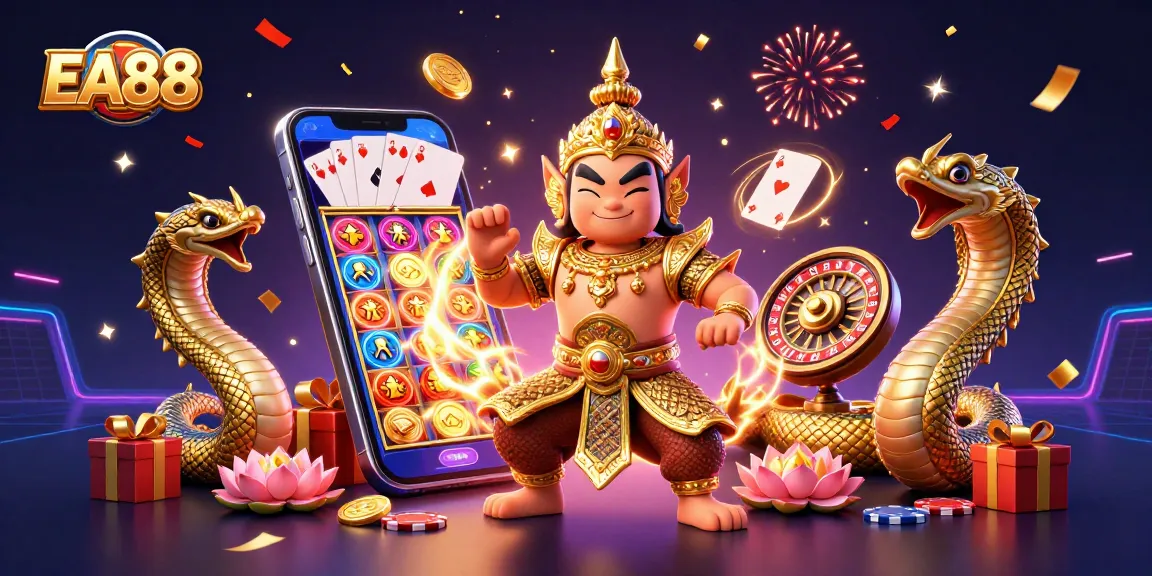 Experience the thrill of EA88 with dynamic slot games, cards, and festive casino elements.