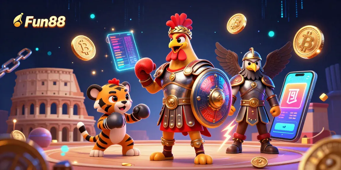 Engage in thrilling gameplay at Fun88, featuring a 3D gladiator rooster and immersive casino elements.