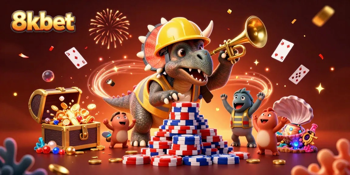 8xbet’s exciting 3D scene with characters celebrating over poker chips and vibrant casino elements.