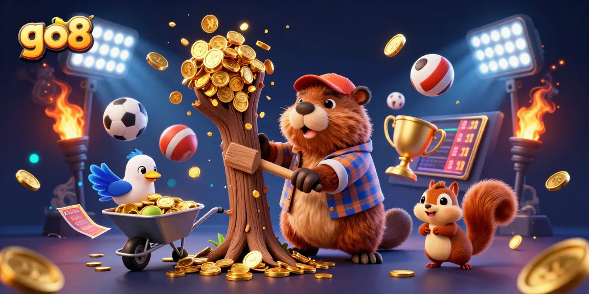 Experience go8's thrilling rewards as the beaver collects gold coins amidst a vibrant gaming scene.